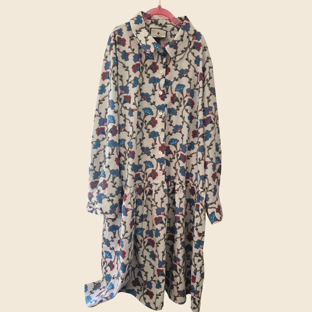 Tuckernuck Floral Drop Waist Shirt Dress Blue Red Peter Pan Collar Medium